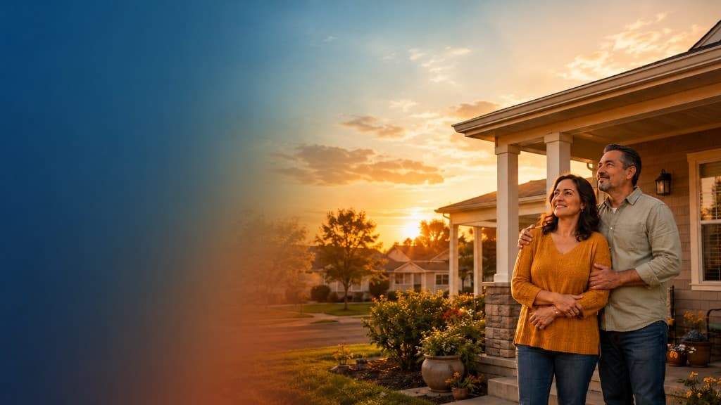 Oklahoma homeowners standing together outside their home at golden hour